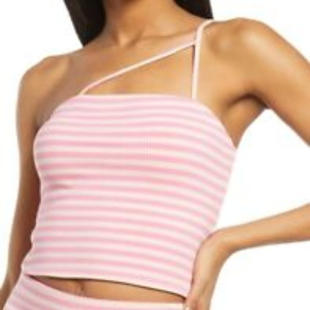 Afrm Pink Striped Ribbed "saddle" One Shoulder Crop Top Womens BNWOT